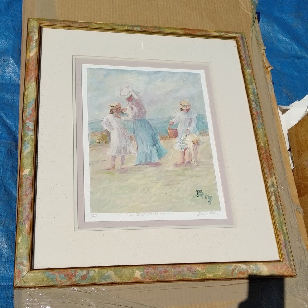 WOMAN & 2 GIRLS WALKING ON BEACH SIGNED & NUMBERED PRINT IN FLORAL ENAMEL FRAME